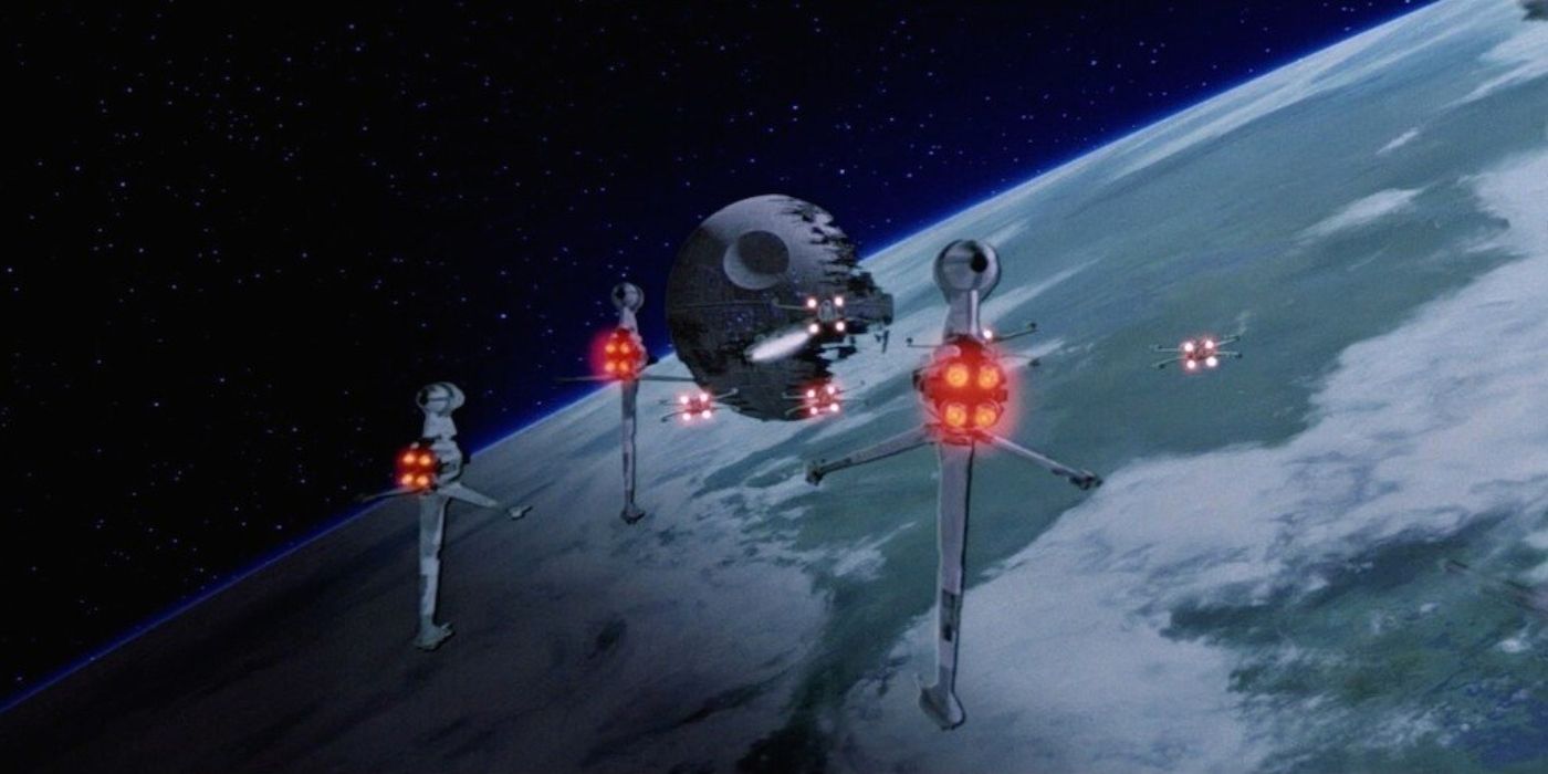 Rebel Alliance B-Wings prepare to attack the Death Star in the battle of Endor in Star Wars: Return of the Jedi