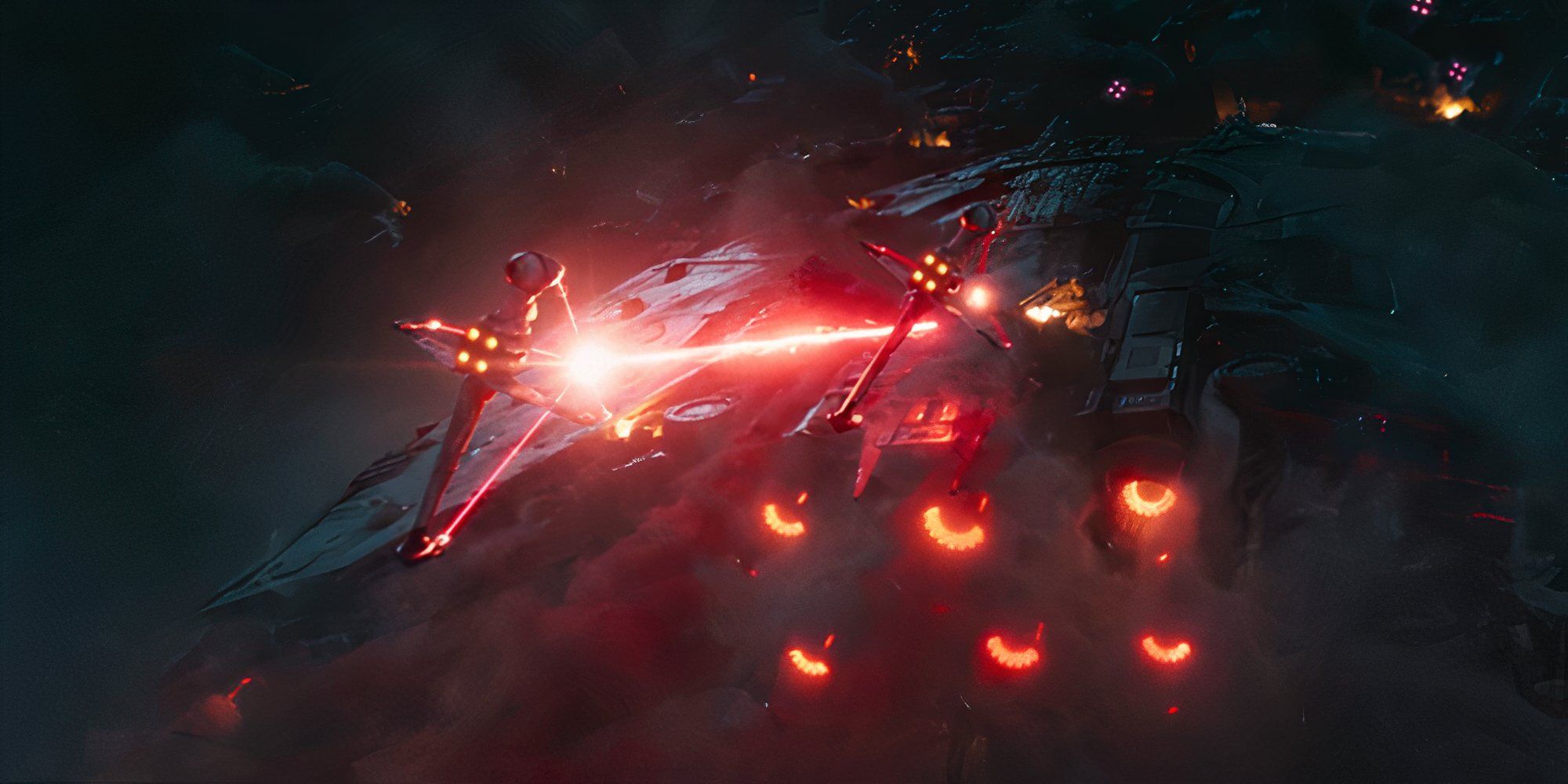 Two B-wing starfighters fire lasers at the pirate starship in?Star Wars: Skeleton Crew