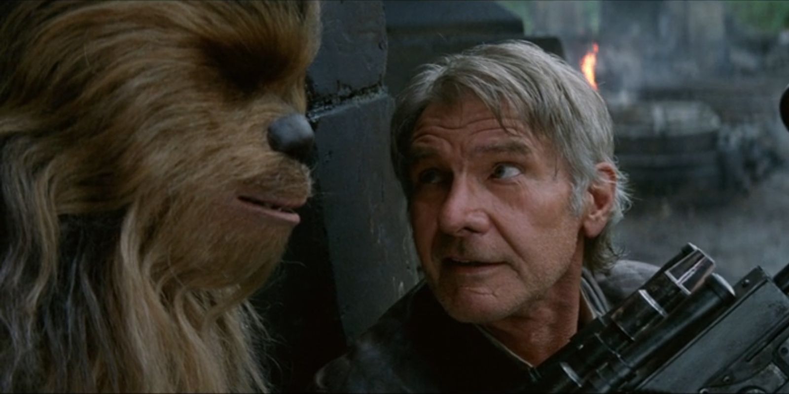 Han Solo (Harrison Ford) talks to Chewbacca (Peter Mayhew) in Star Wars: The Force Awakens.