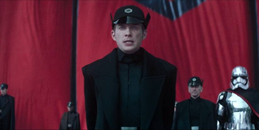 General Armitage Hux (Domhnall Gleeson) makes a speech at Starkiller Base in Star Wars: The Force Awakens.