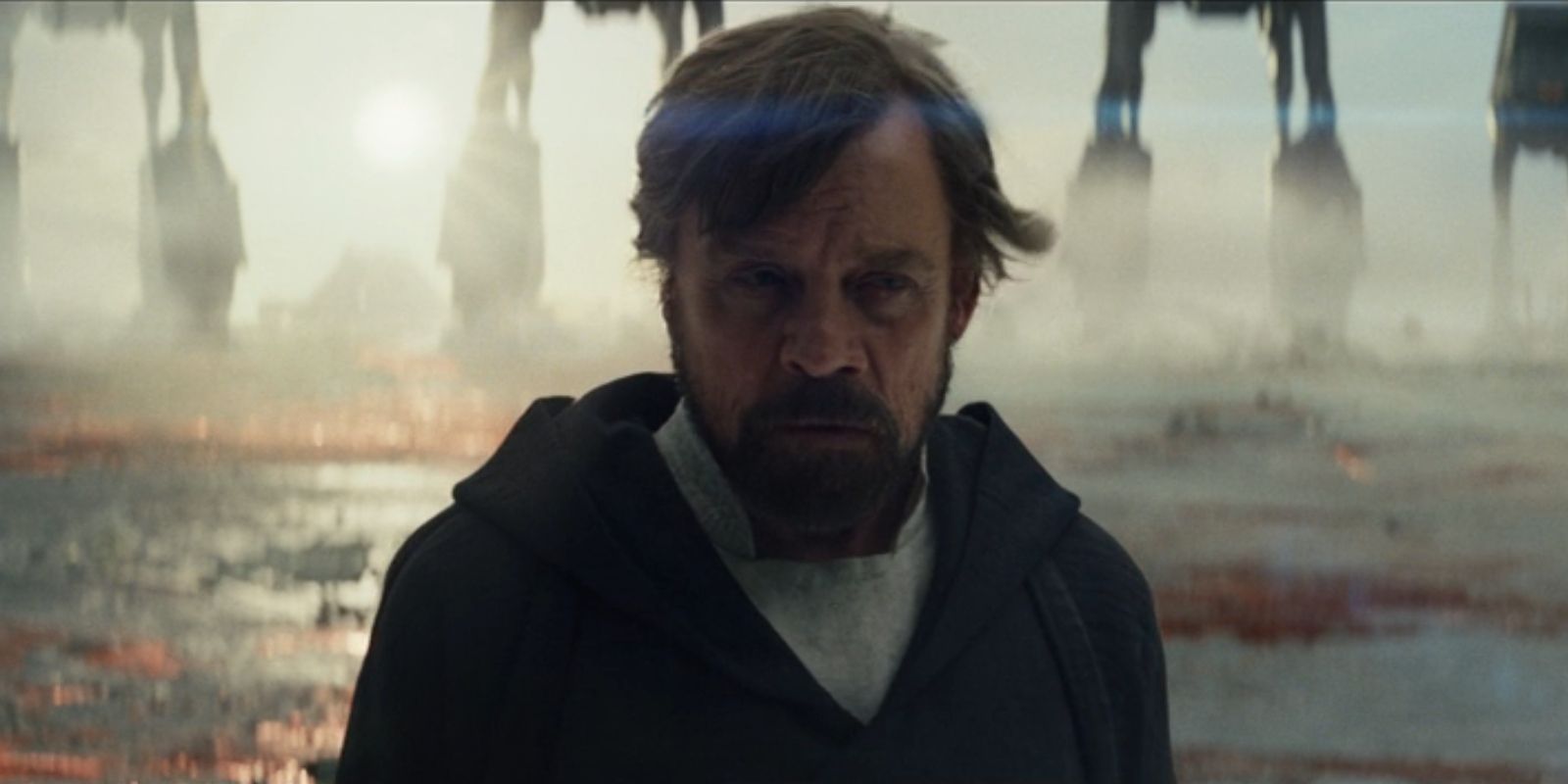 Luke Skywalker, played by Mark Hamill, looks serious in 'Star Wars: The Last Jedi'.