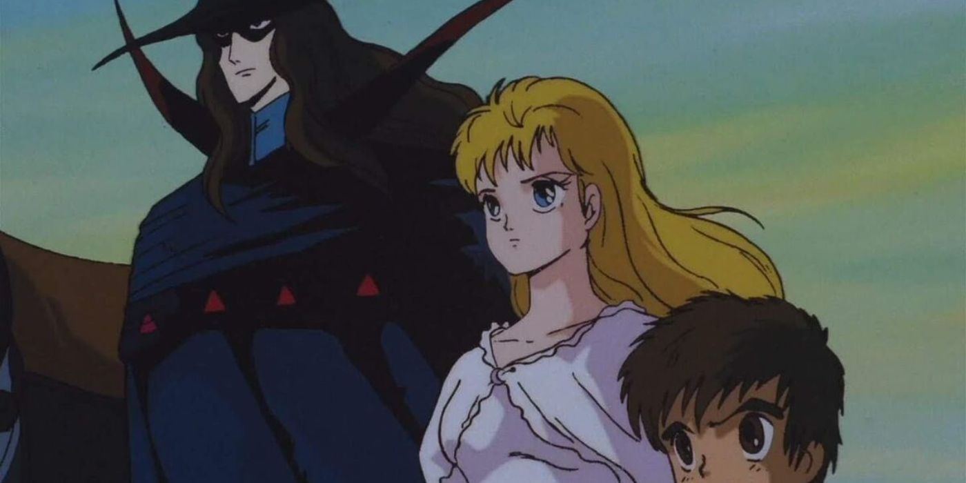 A still from an animated movie with a long-haired tall character in blue, a yellow-haired girl in the middle, and a young boy at the end of the picture looking out at something