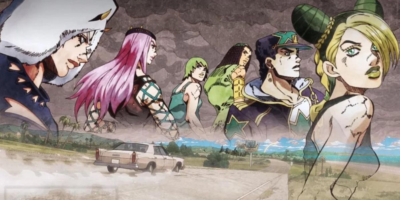 Jolyne, Jotaro, Weather Report, Anasui, Foo Fighters, and Ermes faces in front of a car driving in Jojo's Bizarre Adventure: Stone Ocean