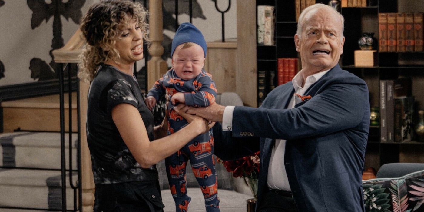 A stressed Frasier (Kelsey Grammer) hands baby back to Eve (Jess Salgueiro) in &lsquo;Frasier&rsquo;