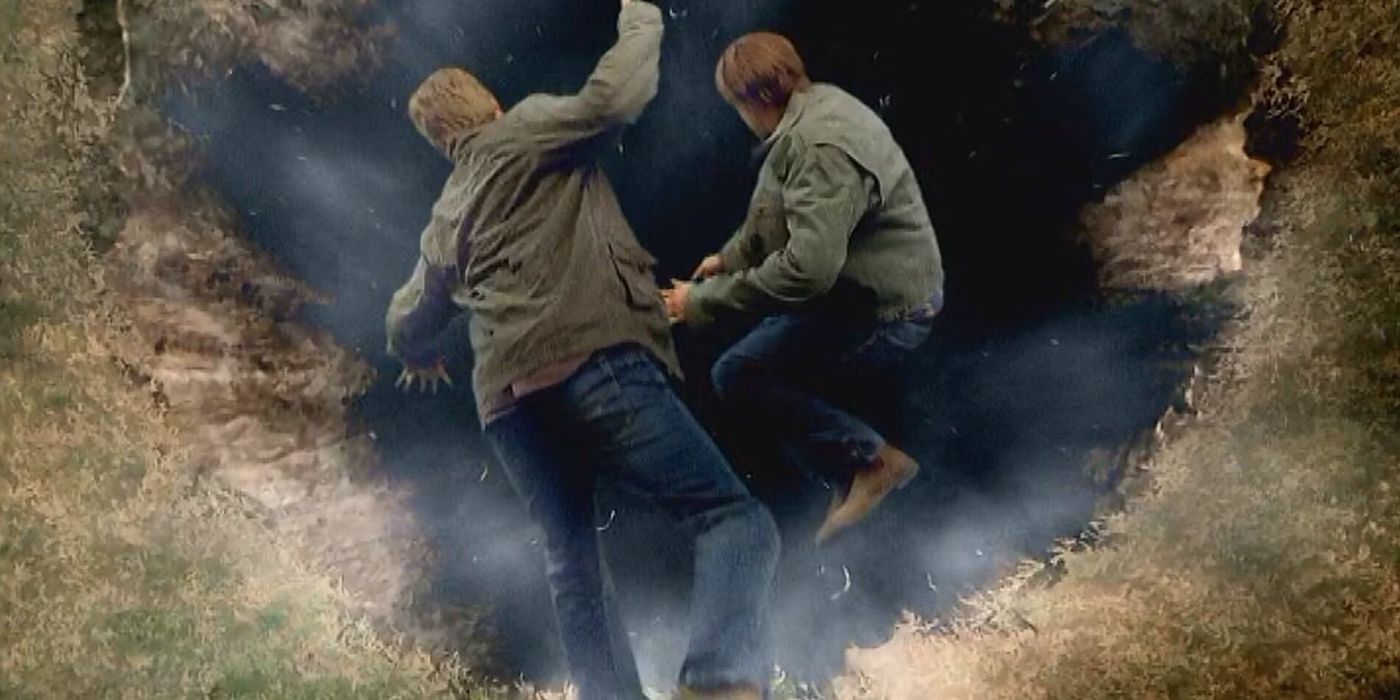 Sam and Michael falling down to the cage in Hell in Supernatural.