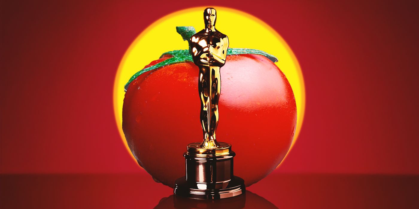 Blended image showing an Oscar with a large tomato in the background