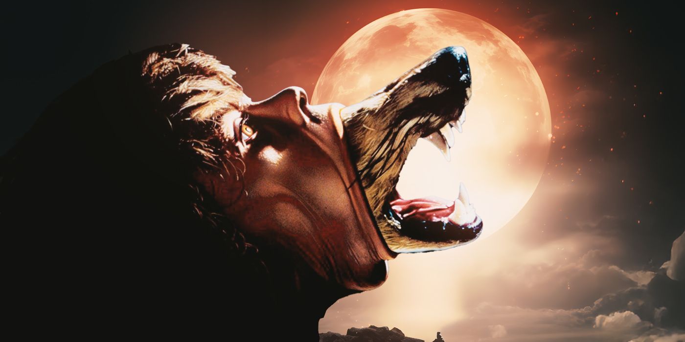 Blended image showing a wolf&rsquo;s snout coming out of a man&rsquo;s mouth