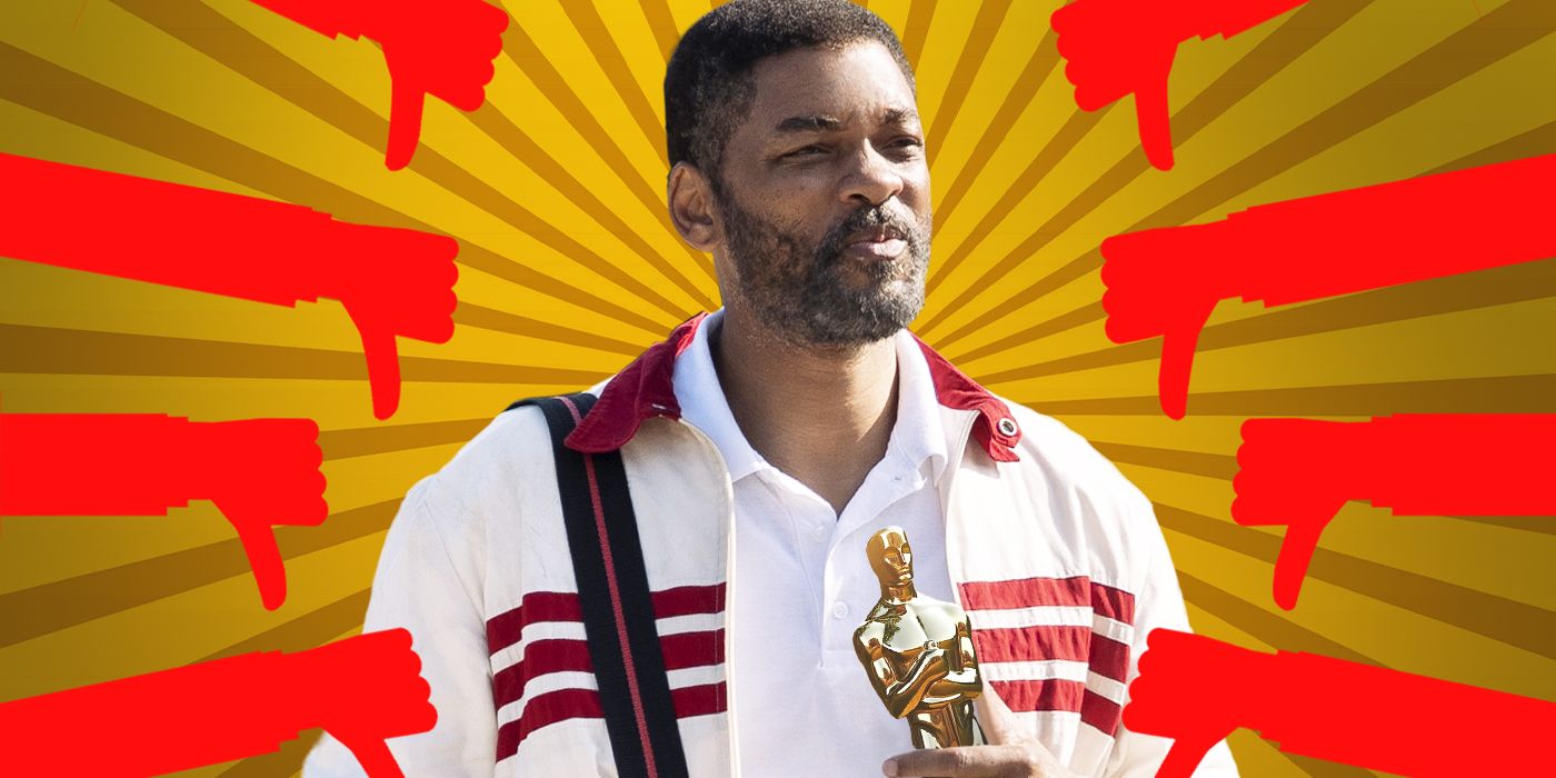 Blended image showing Will Smith in King Richard with an Oscar and thumbs down around the frame.