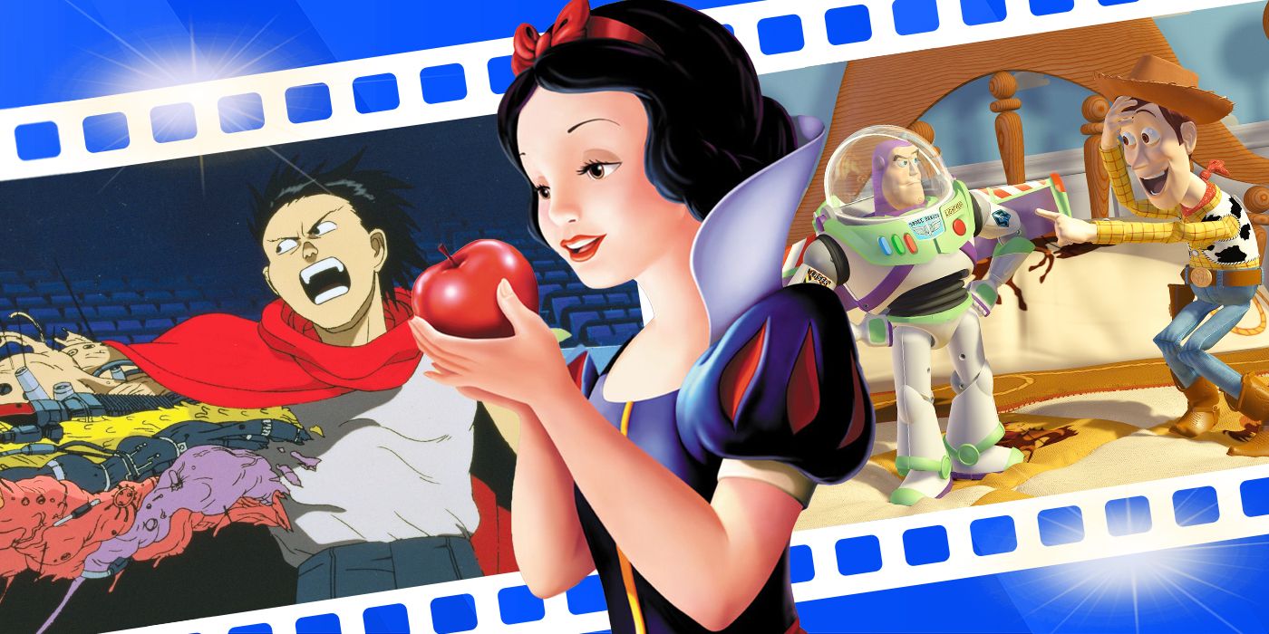 Blended image showing characters from Akira, Snow White and the Seven Dwarves, and Toy Story