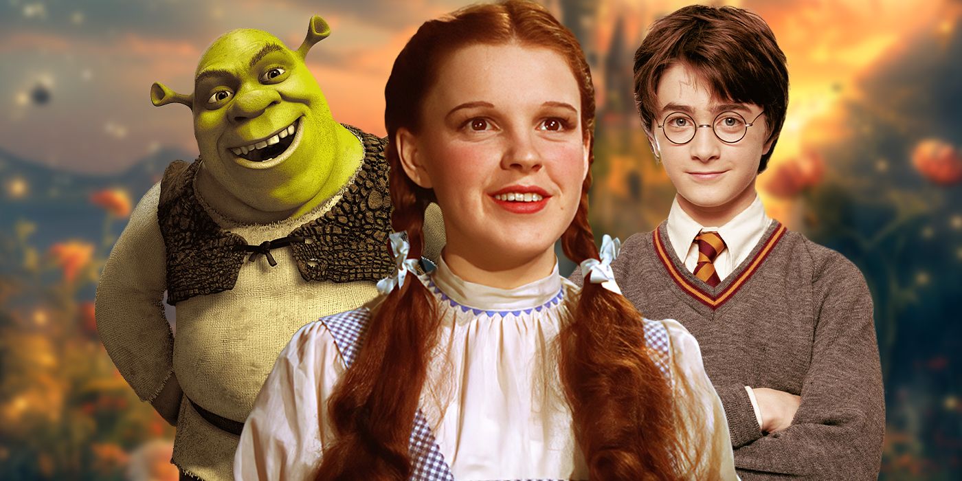 Blended image showing characters from Shrek, The Wizard of Oz, and Harry Potter