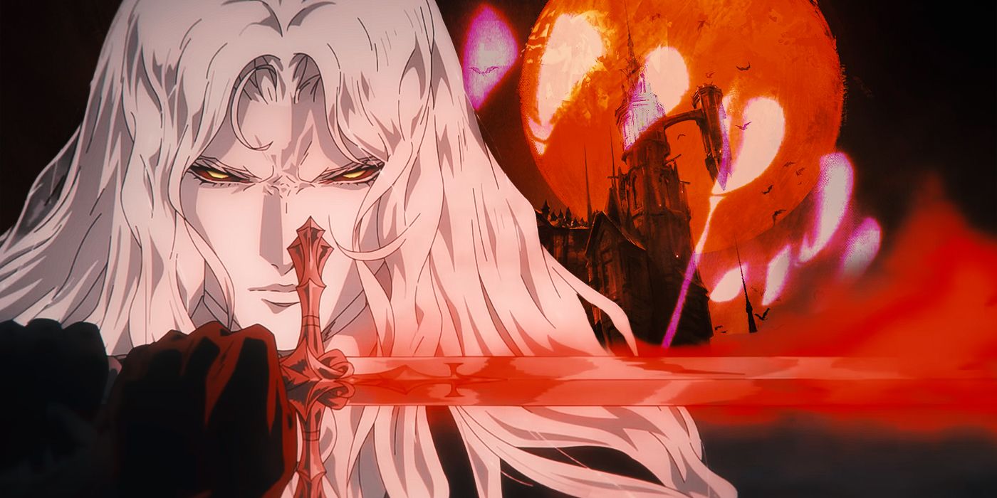 Blended image showing Alucard with his sword with Dracula's castle in the background