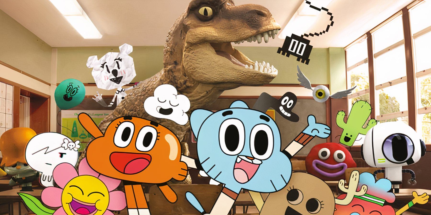 The Amazing World of Gumball Season 7 cast all smiling and posing. 