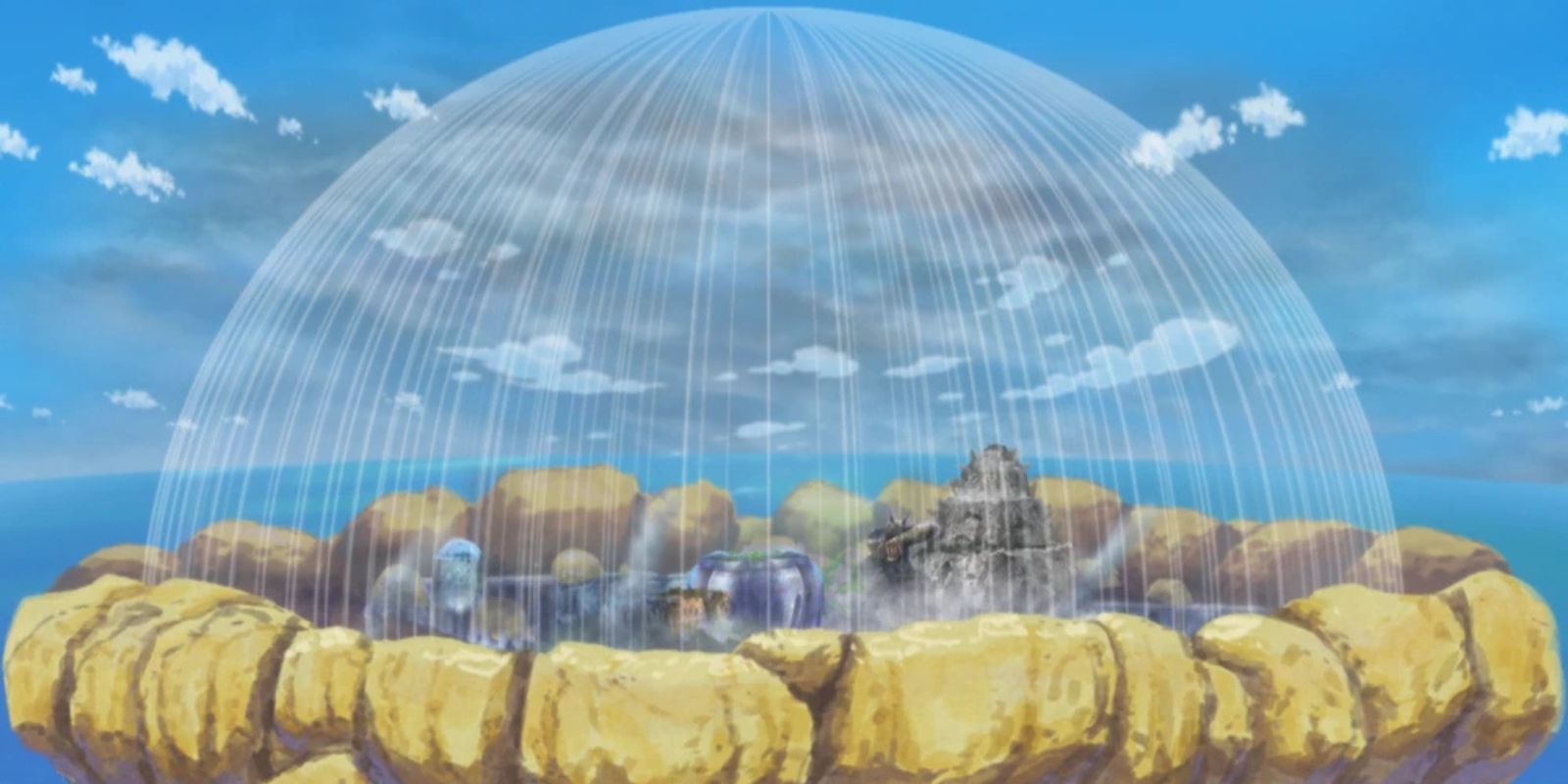 A large cage surrounding a city in One Piece