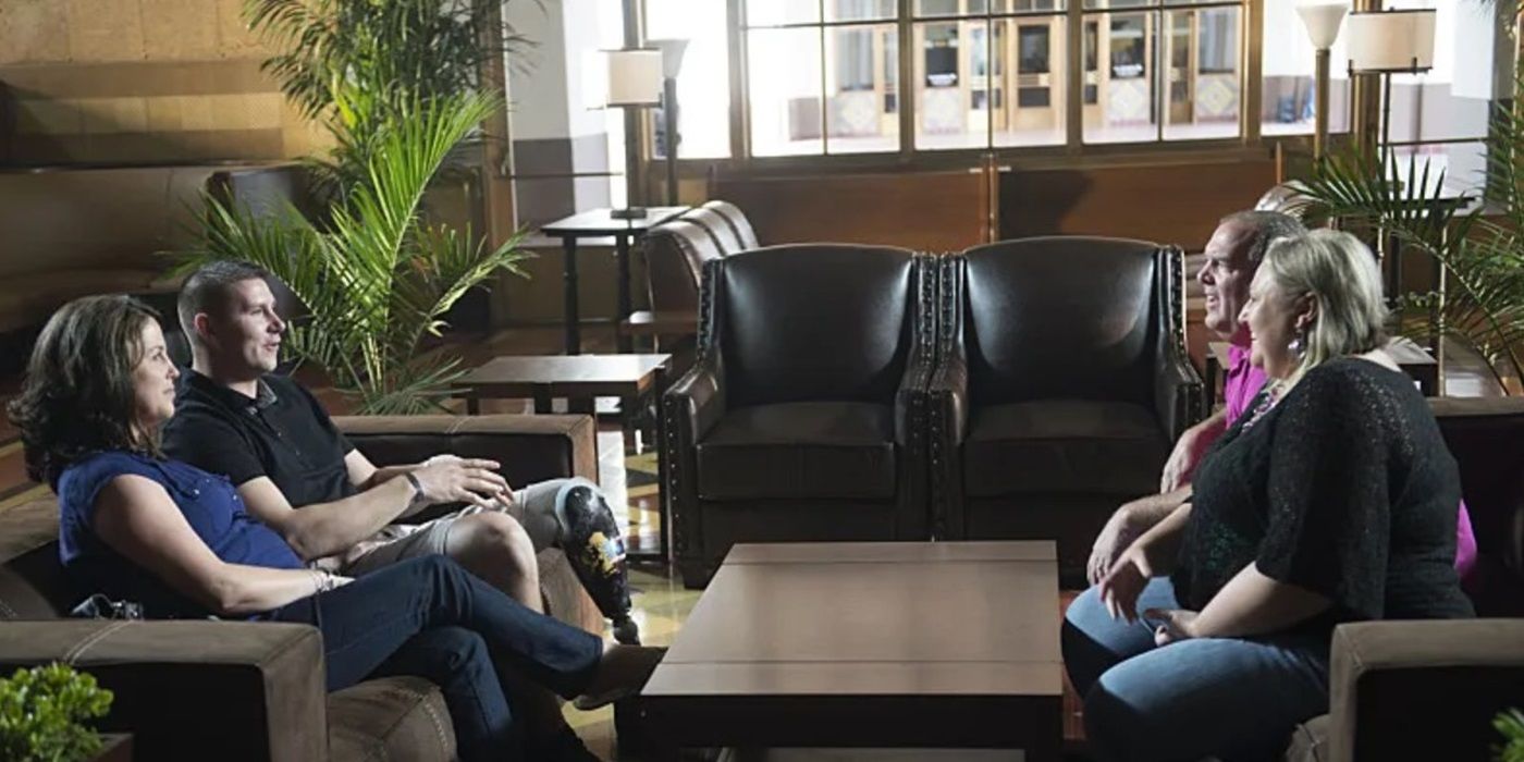 The two couples meet and sit opposite a small table in The Briefcase.