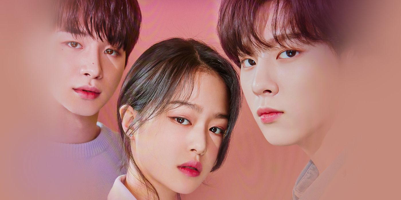 Two men and a woman are posing for a photo in front of a fading pink background