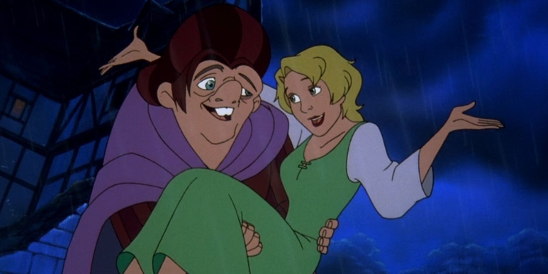 Quasimodo holds Madellaine in the rain in 'The Hunchback of Notre Dame II'.