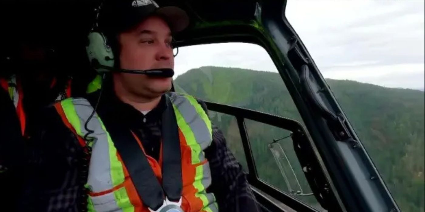 Jared Douglas scouting the forest in a helicopter on &lsquo;The Last Woodsmen.'