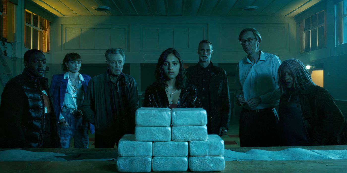 The Outlaws nervously stare at the copious amounts of cocaine that they&rsquo;ve been ordered to sell in &lsquo;The Outlaws&rsquo; (2021).