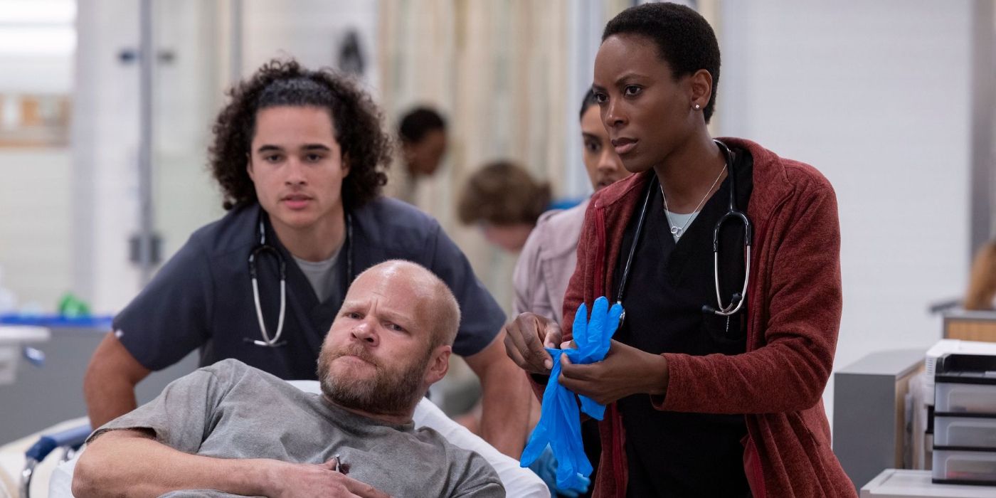 Jalen Thomas Brooks, Blake Shields Abramovitz, and Tracy Ifeachor in the hospital in 'The Pitt'