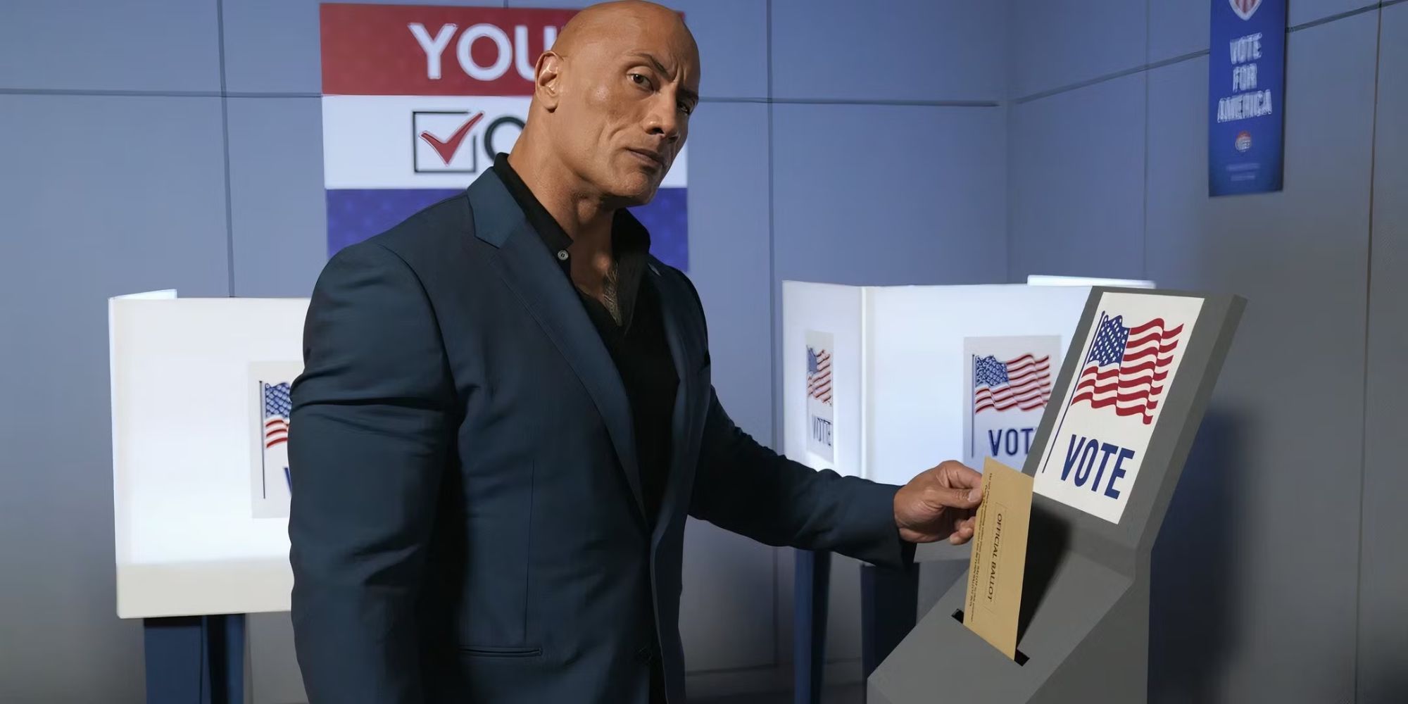 Dwayne &ldquo;The Rock&rdquo; Johnson does his signature eyebrow lift and casts a ballot to vote on Young Rock.
