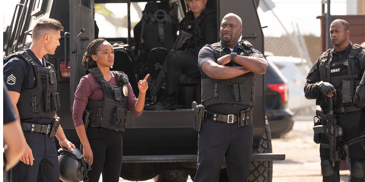 Mekia Cox as Nyla Harper addressing the other cops, standing next to Richard T. Jones as Wade Grey and Eric Winter as Tim Bradford in The Rookie