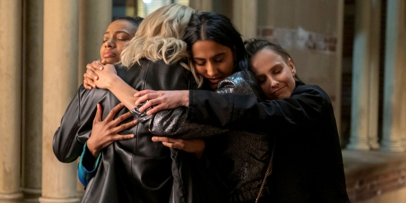 Pauline Chalamet, Amrit Kaur & Alya Chanelle Scott hugging Renee Rapp in The Sex Lives of College Girls