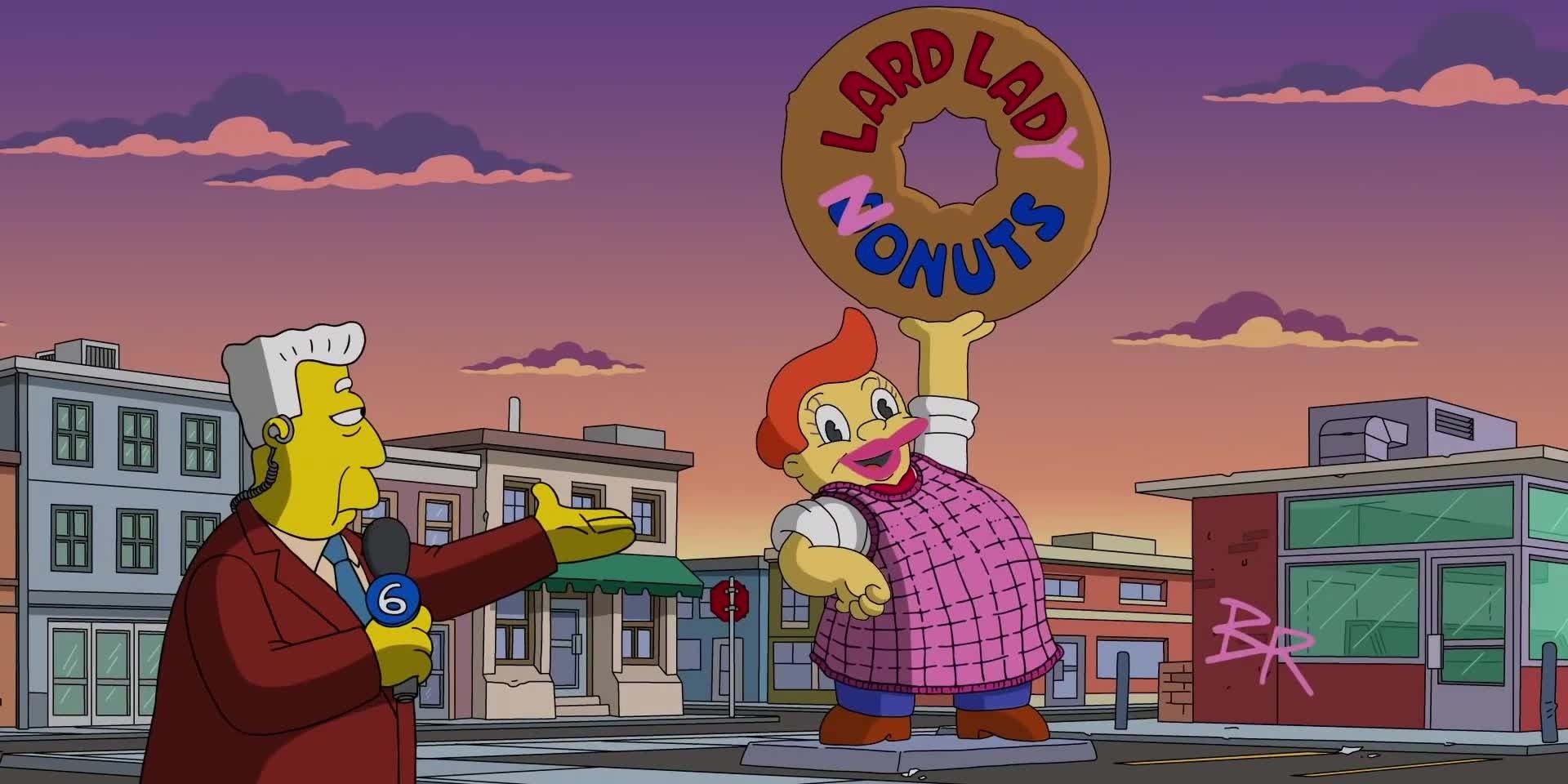 Kent-Brockman-gesturing-to-giant-donut-sign-that-reads-lardlady-nonuts