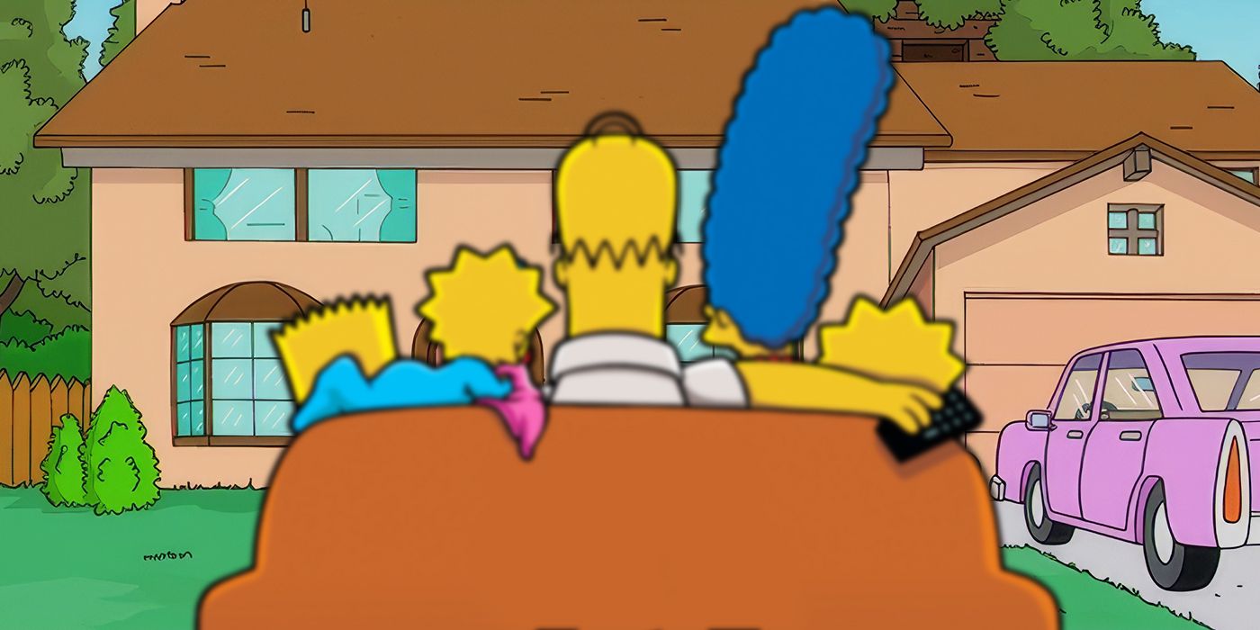 The Simpsons house with the family sitting on the couch, looking at it.
