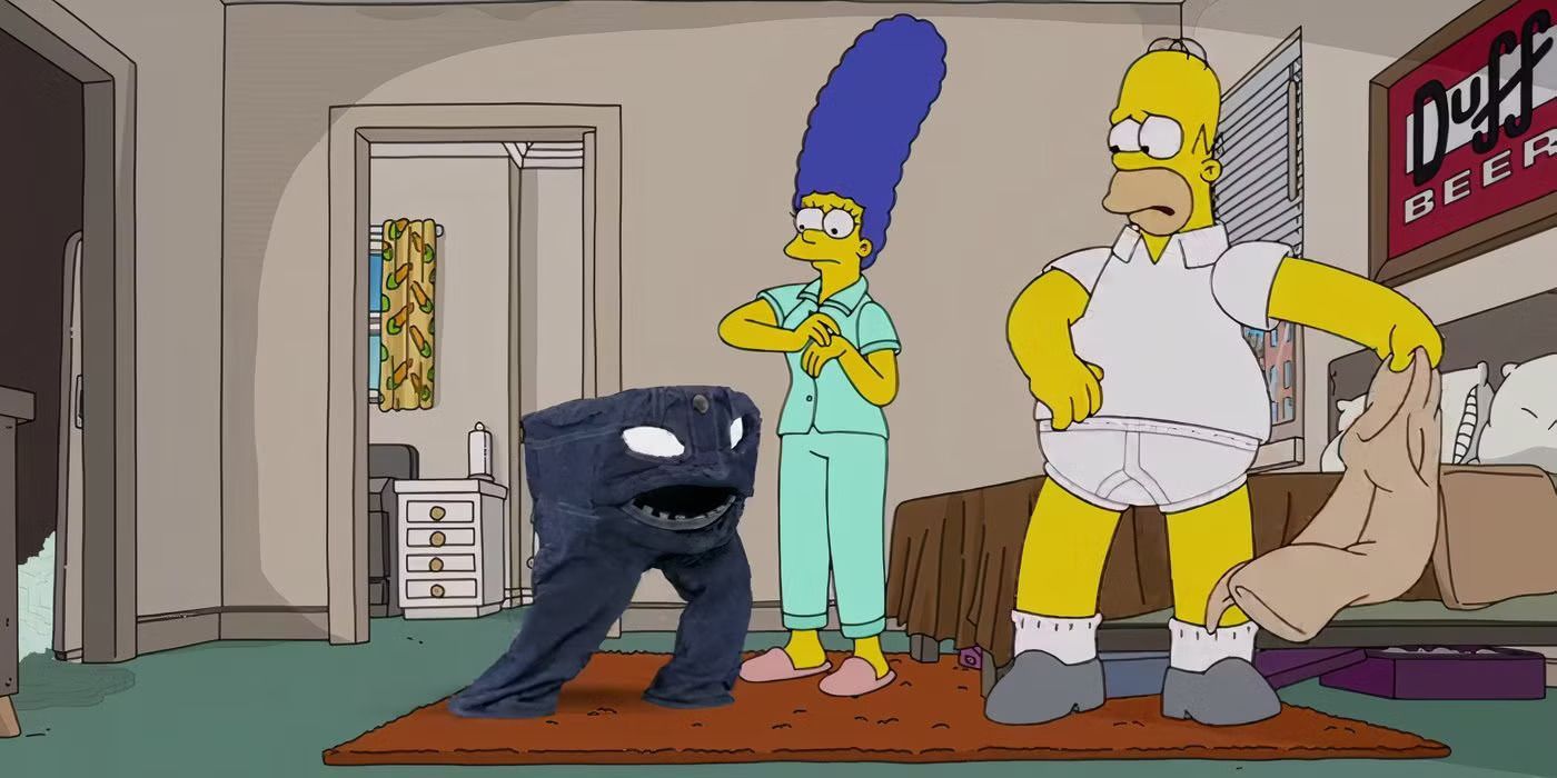 Marge and Homer standing with monster jeans in The Simpsons.