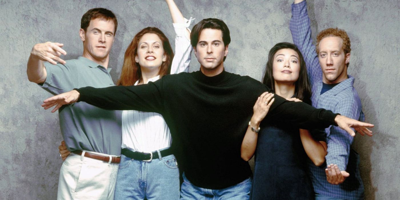 TV Insider promo image for The Single Guy with the cast in front of a marbled backdrop.