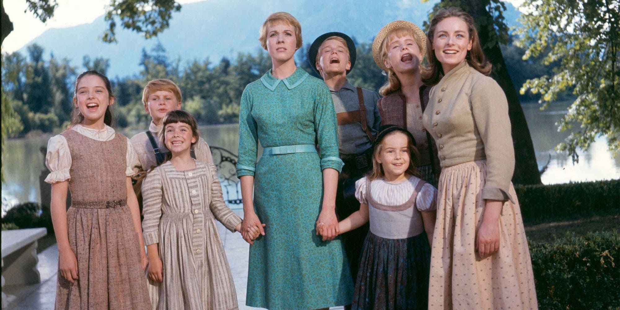 Maria and the Von Trapp children looking ahead in The Sound of Music.