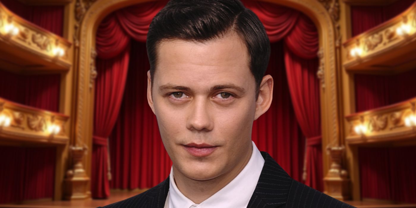 Actor Bill Skarsgård stands in front of the red curtain of a stage.