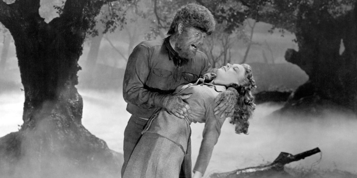 Larry Talbot as the wolf, played by Lon Chaney Jr,, holding Gwen in his arms in The Wolf Man