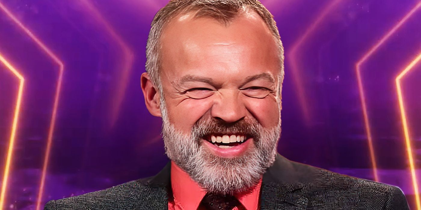 Graham Norton from The Graham Norton show laughing with a purple and orange background.