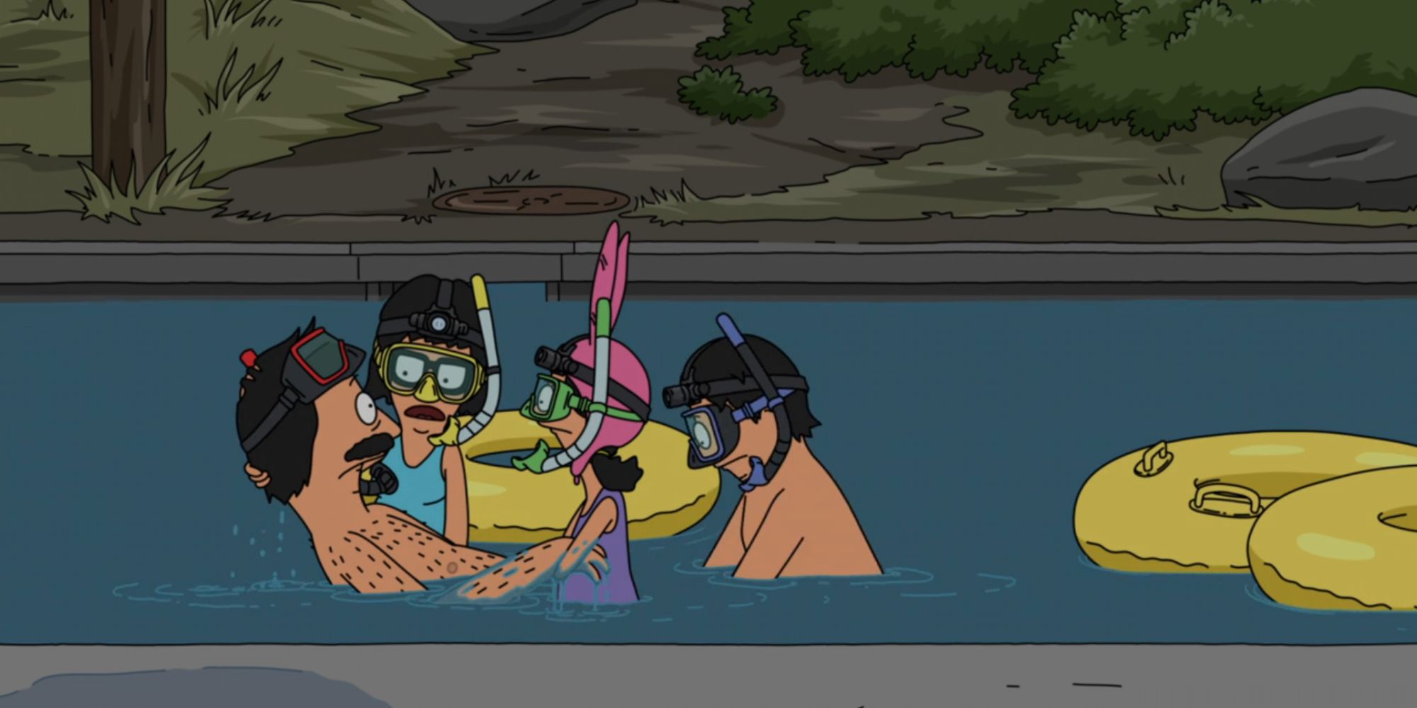 Tina, Gene, and Louise lift Bob in the pool in Season 10, Episode 1 of &lsquo;Bob&rsquo;s Burgers.'