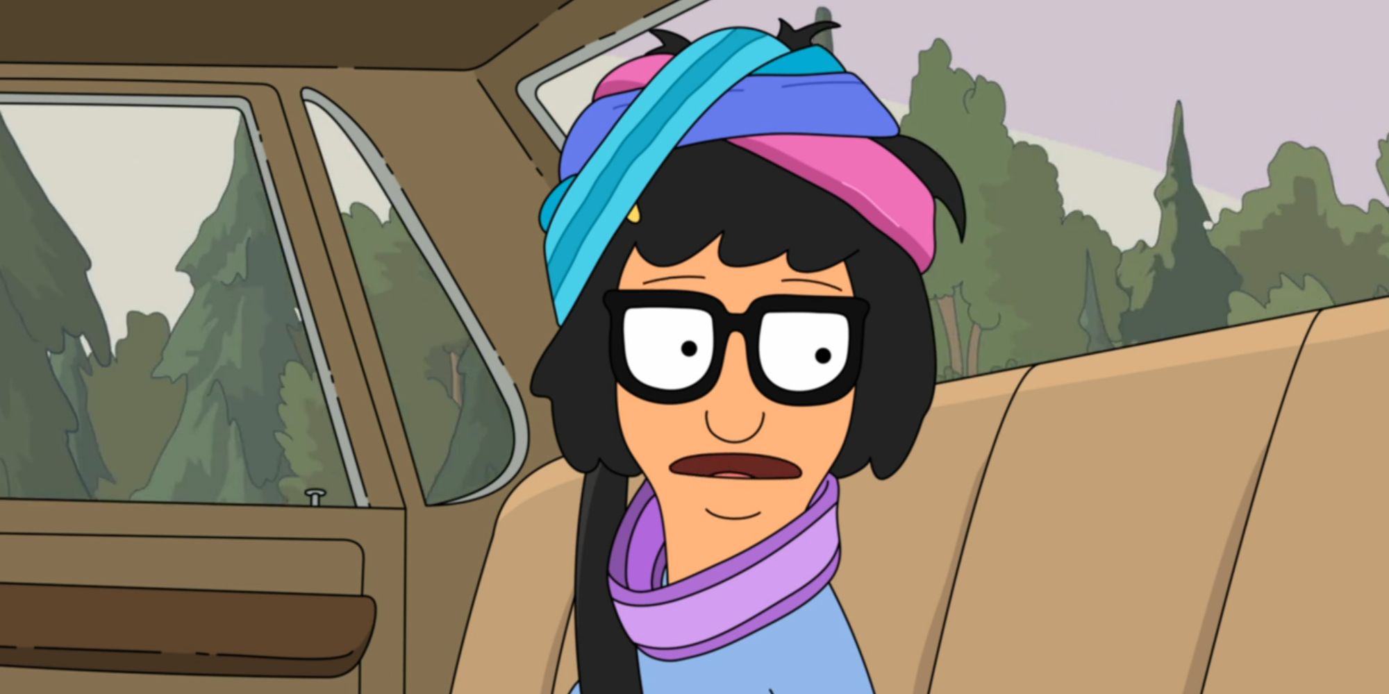 Tina sits in the backseat of the car in Season 3, Episode 21 of 'Bob's Burgers.'