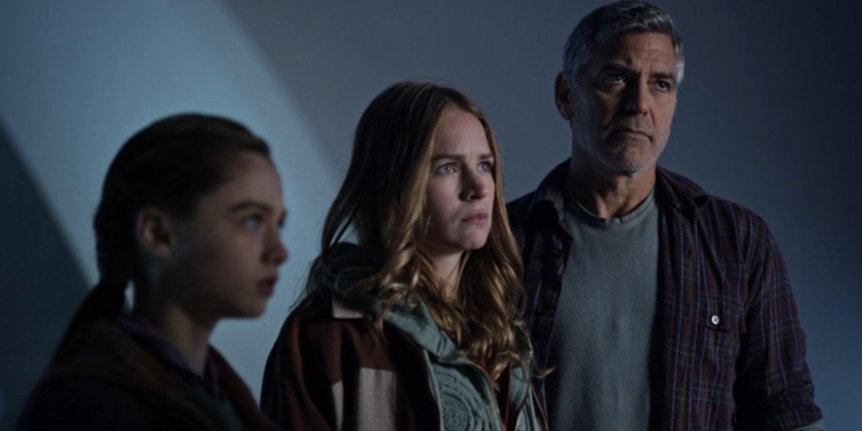 Athena, Casey Newton and Frank Walker stand side-by-side in 'Tomorrowland'.