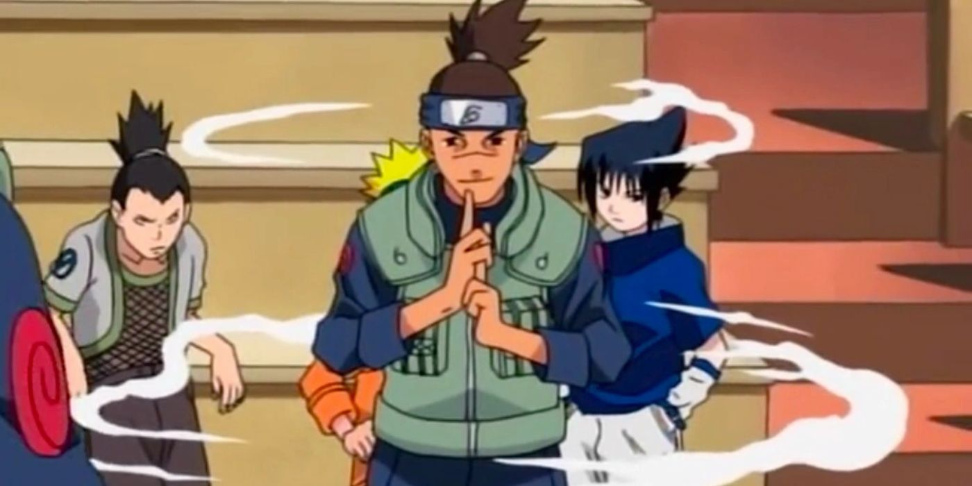 Sakura turning into Iruka with Naruto and Sasuke behind her in Naruto.