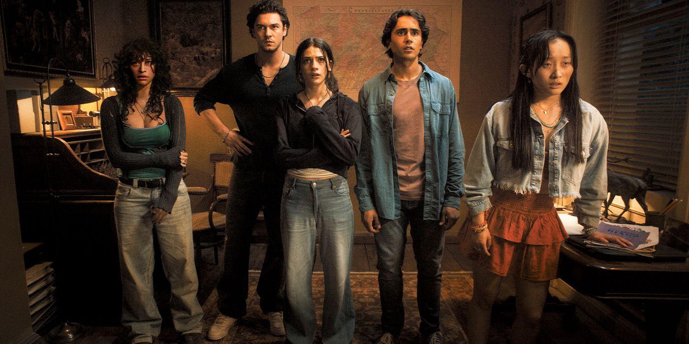 Odessa A’zion, Belmont Cameli, Ella Rubin, Michael Cimino and Ji-young Yoo in a room looking fearful