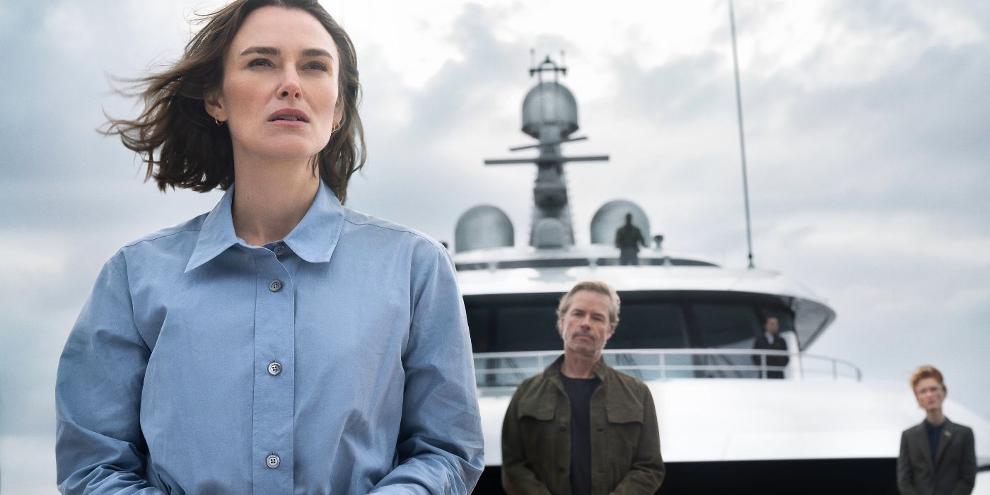 Keira Knightley and Guy Pearce on a boat in The Woman in Cabin 10