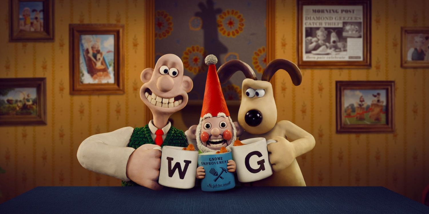 Wallace and Gromit hold up initialed coffee mugs with a gnome statue in between them in Vengeance Most Fowl.