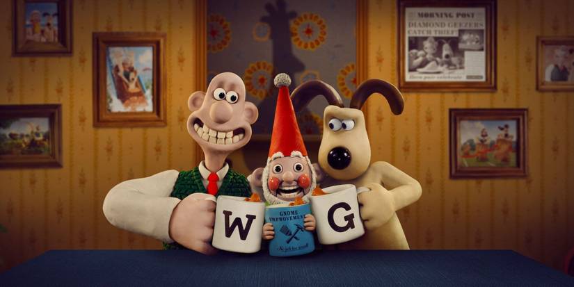 Wallace and Gromit hold up initialed coffee mugs with a gnome statue in between them in Vengeance Most Fowl.
