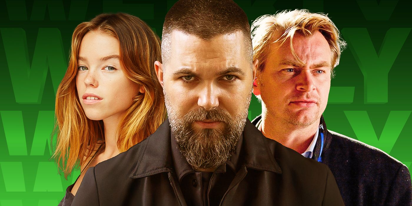 Emma Corrin, Robert Eggers, Christopher Nolan in front oa green news background.