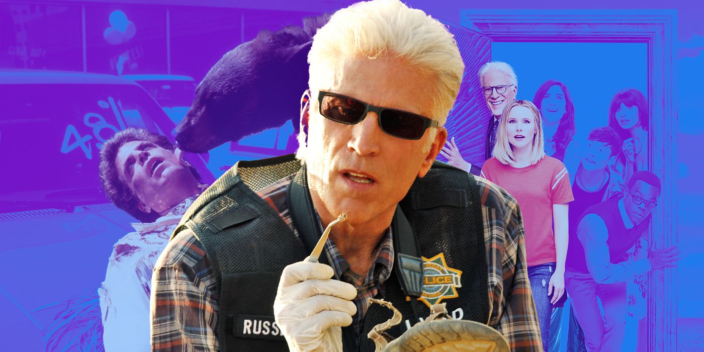Ted Danson in CSI holding a pair of tweezers with his other character roles behind him