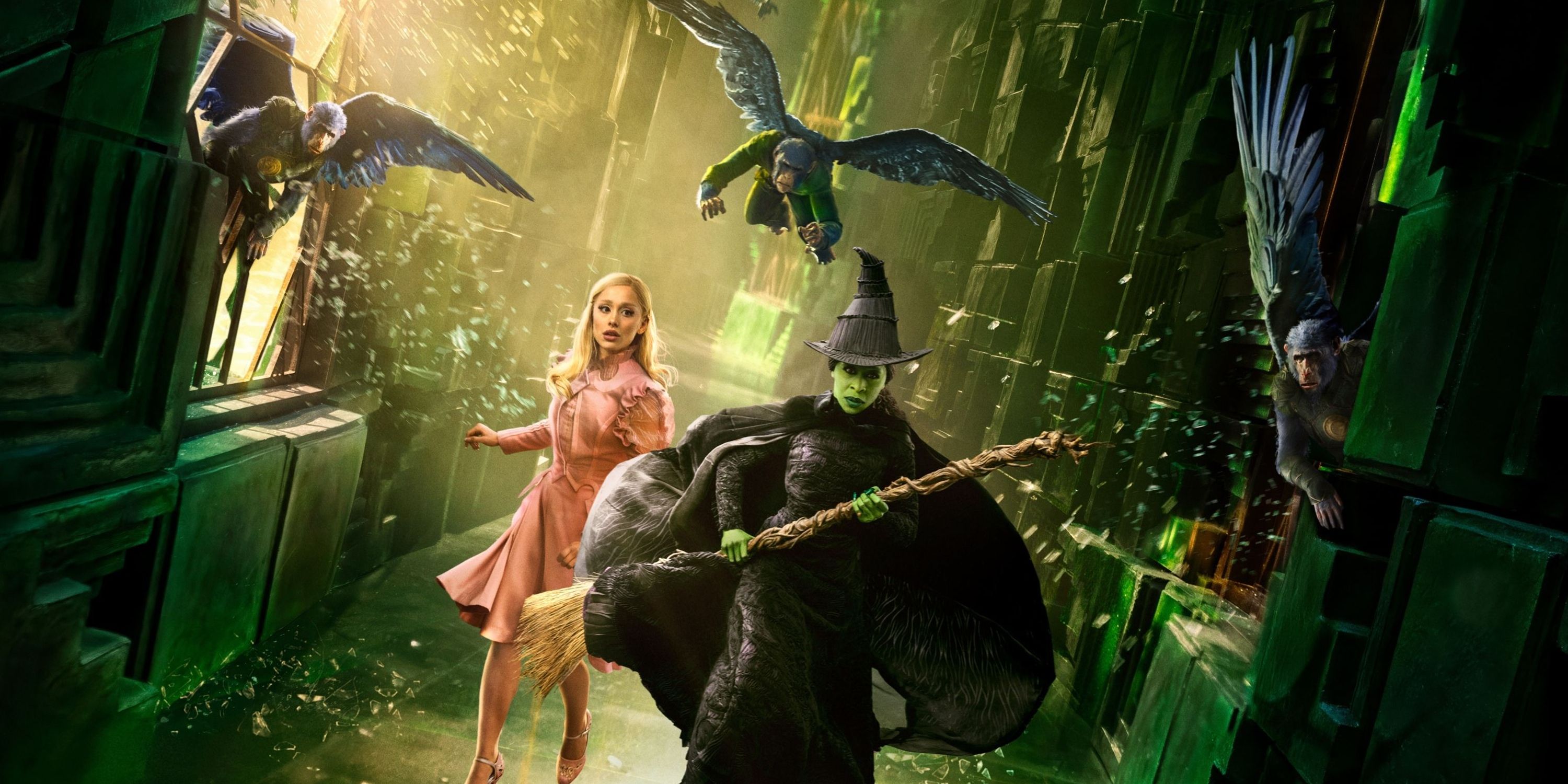 Elphaba (Cynthia Erivo) and Glinda (Ariana Grande) are chased by flying monkeys in 'Wicked'