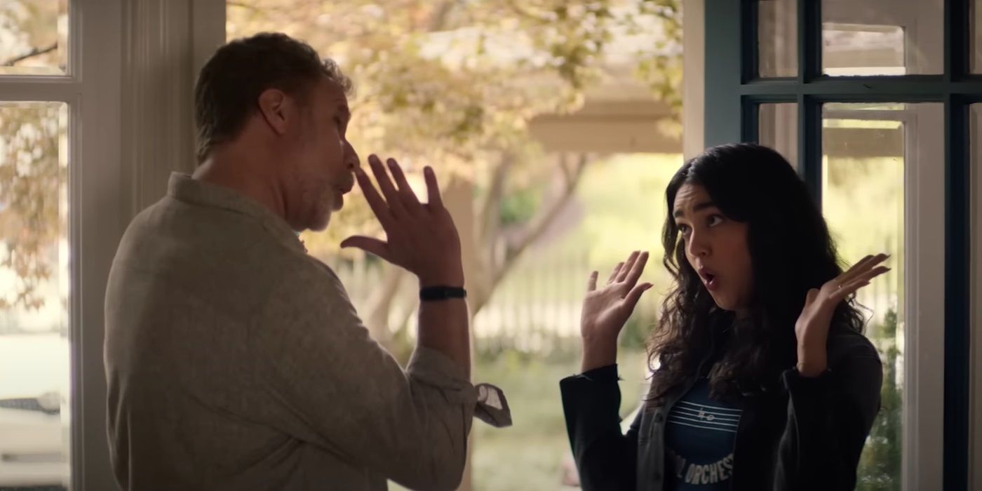 Will Ferrell and Geraldine Viswanathan, greeting each other, as Jim and Jeni in You're Cordially Invited