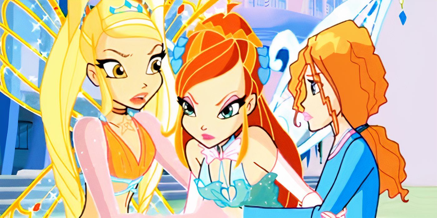 Bloom is upset and being held by friends in the tv show Winx Club.