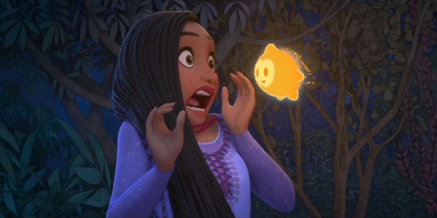 Asha, voiced by Ariana DeBose, is surprised by Star in 'Wish'.