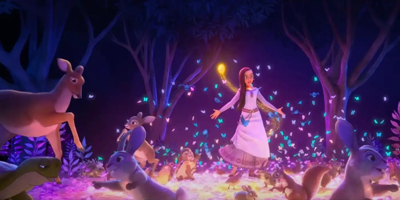 Asha, Star, and Valentino dance with talking animals in the animated movie Wish.