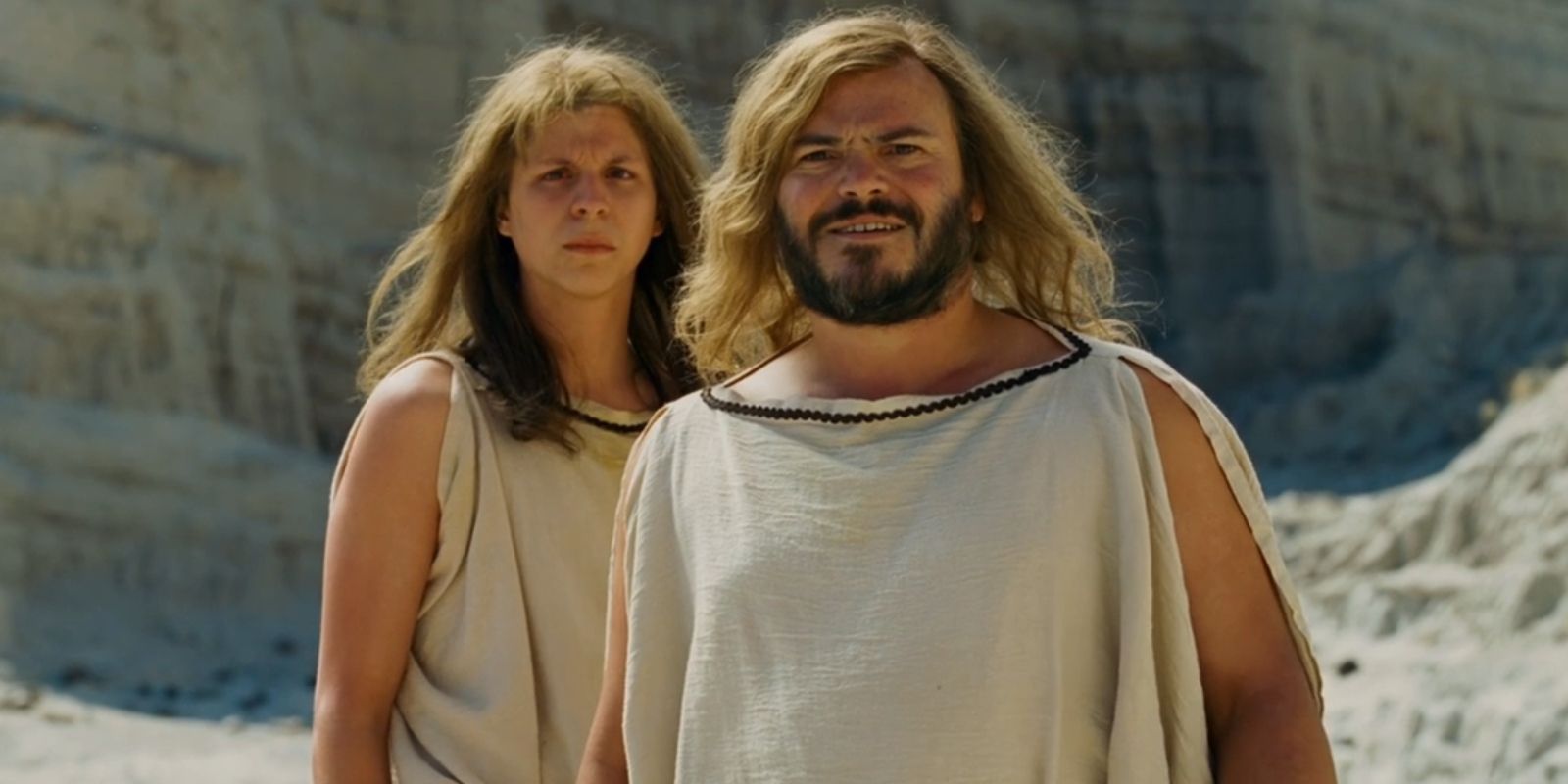 Oh, played by Michael Cera, stands behind Zed, played by Jack Black, in 'Year One'.